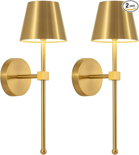 KDG Wireless Wall Sconces Set of 2, Small Cordless 5200mAh Rechargeable Battery LED Wall Lamps, Stepless Dimming Lightings for Wall Painting, Living Room, Bedroom, Hallway, Gifts, Night Light (Gold)