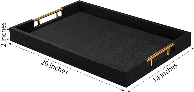 14x20 Inches Black Faux Leather Wrappen Wood Serving Tray with Metal Handles for Various Occasions, Ottoman, Home Decor Decorative, Living Room, Coffee Table Organizer, Serving Breakfast On Bed