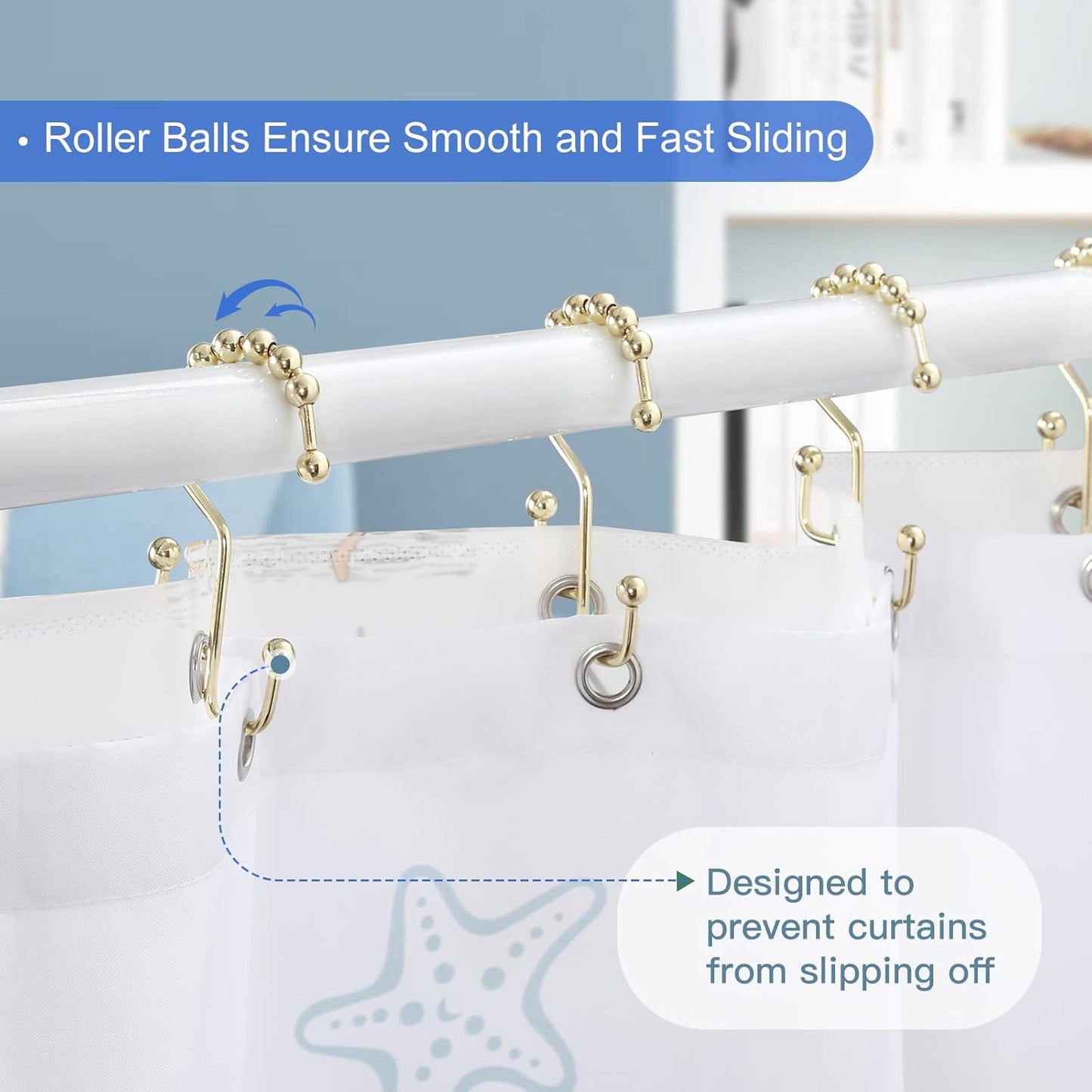 Shower Curtain Rings, SUTINE Shower Curtain Hooks, Stainless Steel Gold Shower Curtain Hooks Rust Proof, Easy Sliding Double Shower Hooks for Shower Curtains, Curtain & Liners, 12pcs-Gold