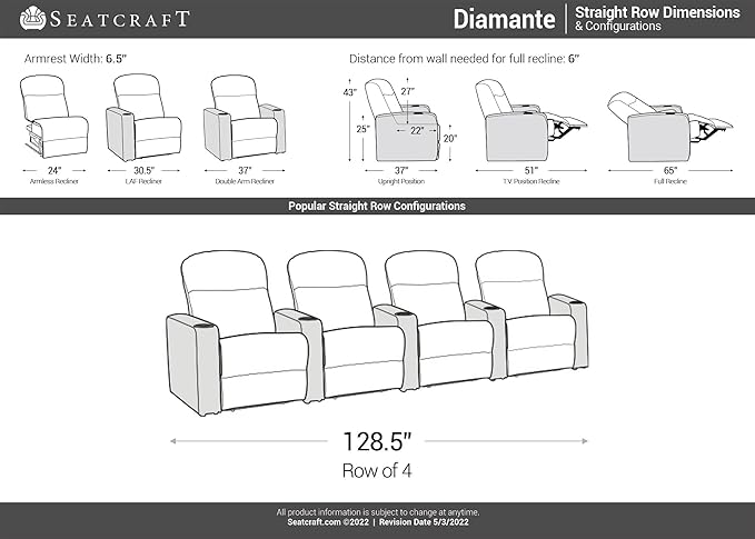 Seatcraft Diamante - Home Theater Seating - Living Room - Power Recline - Italian Leather - Powered Headrests - Cupholders - USB Charging - Ambient Lighting - Arm Storage, Red, Row of 4