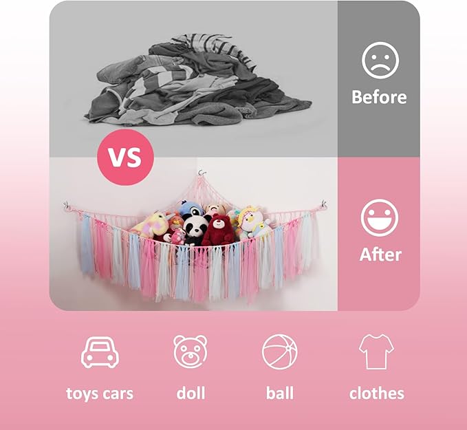 Stuffed Animal Toys Hammock with LED Light, Stuffed Doll Hanging Corner Holder for Home Storage, Large Hanging Net -Display Teddies for Bedroom, Pink Decor Organizer
