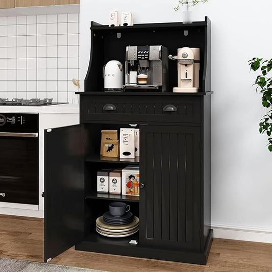 54" Freestanding Kitchen Pantry Storage Cabinet with Doors and Adjustable Shelves, Microwave Oven Cabinet with Drawer for Kitchen, Bathroom or Hallway,Black