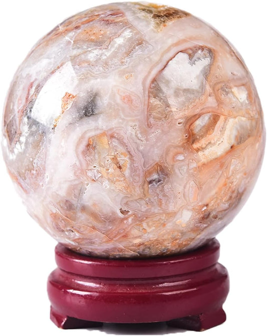 JIC Gem Natural Striped Agate Crystal Sphere with Wooden Stand Decorative Crystal Ball Healing Gemstone Sphere for Meditation Feng Shui Witch-Style Decor70-80mm
