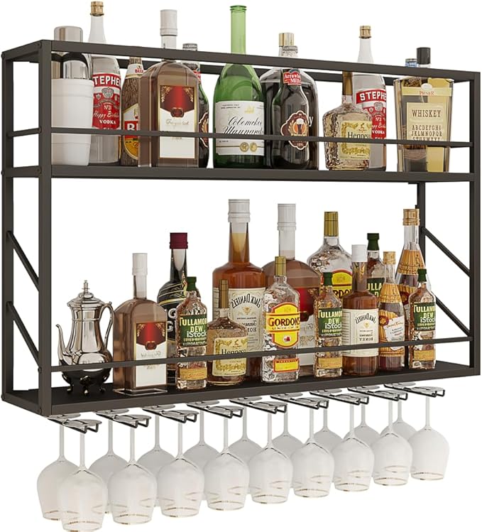 Wall Mounted Wine Rack 2 Tier, Metal Bar Liquor Shelves and Glass Holder,Wall Bar Shelf Wine Display Storage Holder for Home Bar, Dining Room, Kitchen(31.4×7.8×26in)