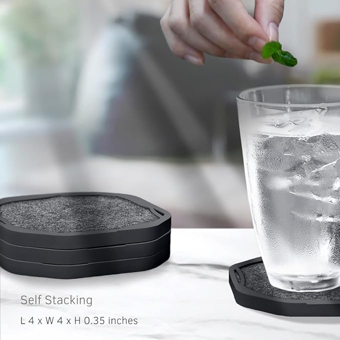 UMIRRO Black Coasters for Tabletop Protection with Super Absorbent Felt Pad - Unique Modern Cup Coasters for Farmhouse, Bar, Office, Home - Set of 4