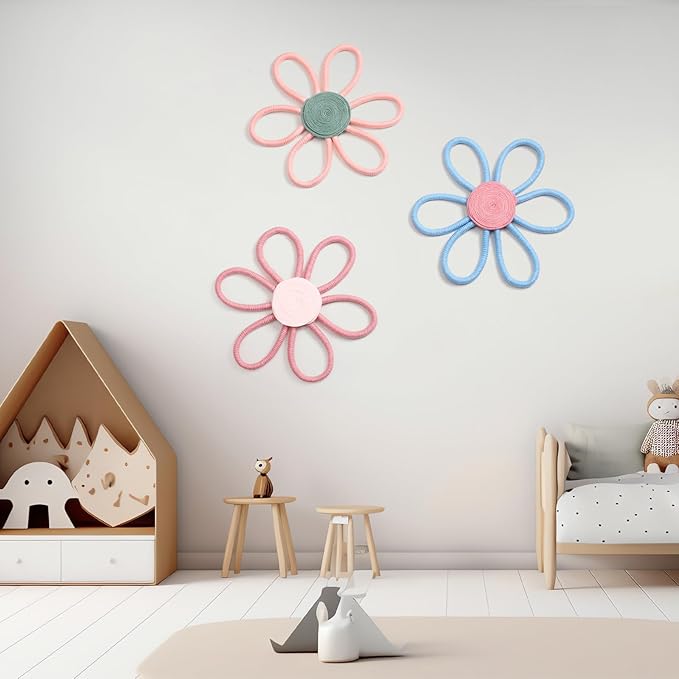 Peryiter 3 Set 10 Inch Boho Nursery Decor Woven Daisy Flower Macrame Wall Hanging for Baby Girls Nursery Home Bedroom Dorm Decor (Stylish Color)