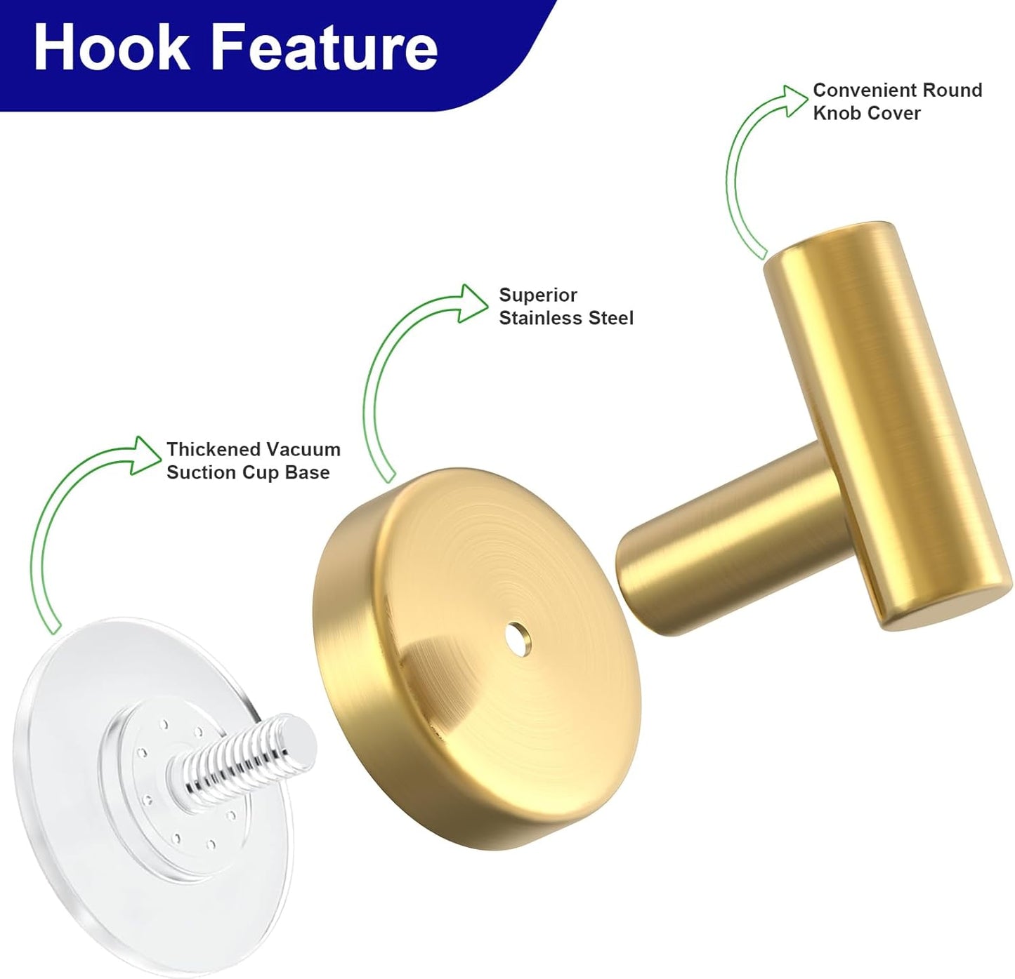 Suction Cup Hooks for Shower, Stainless Steel Shower Hooks for Hanging Towels, Robes, Bath Balls, Towel Hooks for Bathroom Wall, Glass Door, Kitchen, Mirror, Tile (2 Pack，Gold)