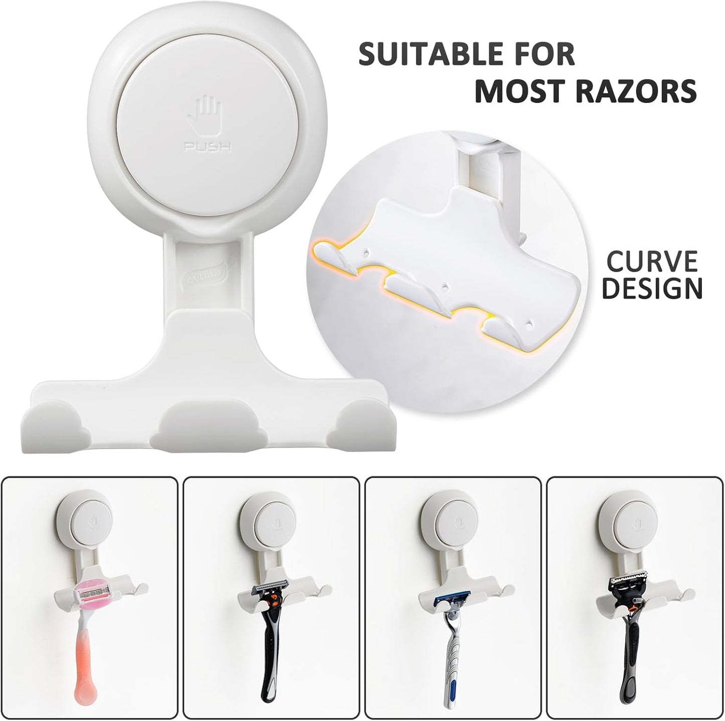 LEVERLOC Razor Holder for Shower 2 Pack, Powerful Suction Cup Shower Hooks for Towel, Loofah, Razor, Squeegee, Damage-Free Wall Hooks, Shaver Holder for Bathroom, Easy to Install and Reuse, White