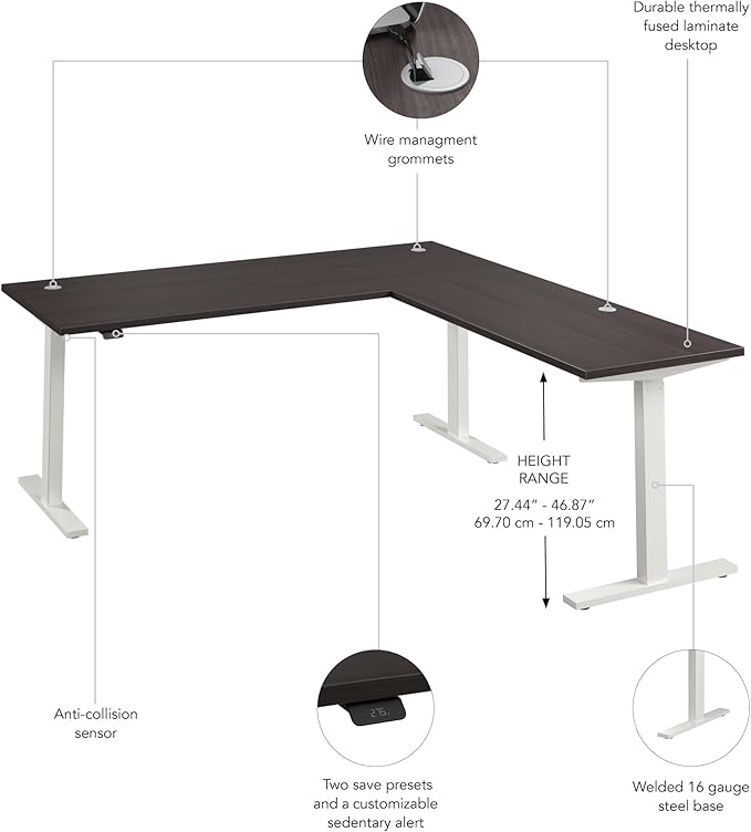Bush Business Furniture 72-inch Height Adjustable L Shaped Standing Desk, Electric Sit-Stand Corner Computer Table, Ergonomic Office, Move 60 Series, Storm Gray with White Base