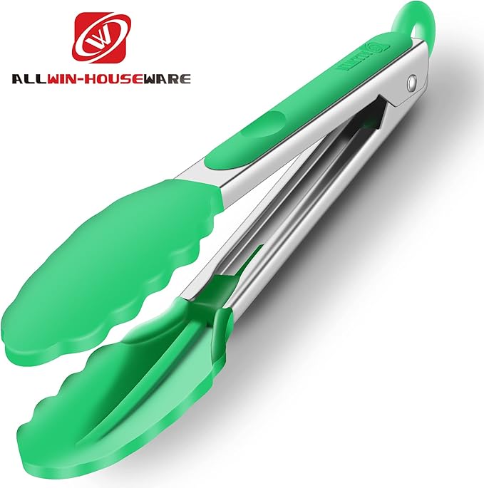 Set of 2 Kitchen Tongs, Premium Stainless Steel Locking 9-Inch & 12-Inch Silicone Grilling Barbeque Cooking Food Tong, Dark Green