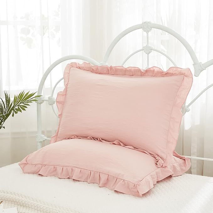 Pink Pillowcases King Pillowcases Ruffled Pillow Shams Set of 2 Cute Pillowcases Solid Ruffled Fringe Design Baby Pink Shabby Chic Pillowcases 2 Pack (King (20''x36''), Pink)