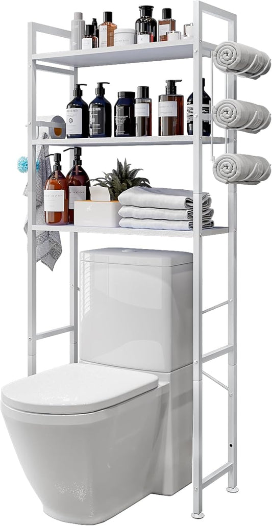 Over The Toilet Storage Rack 3 Tier Bathroom Organizer Shelf Over Toilet Freestanding Space Saver Toilet Stands with 10 Hooks Multifunctional (White)