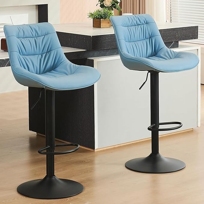 Kidol & Shellder Bar Stools Set of 2 Adjustable Swivel Blue, PU Leather Upholstered with Back, Modern Counter Height Stools for Kitchen Island, Home Bar