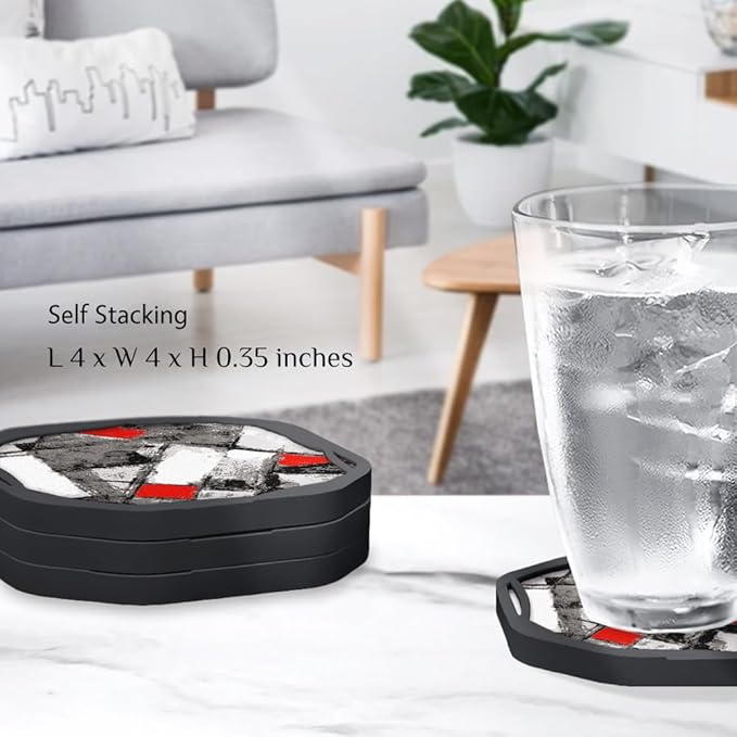 UMIRRO Absorbent Coasters for Drinks, Cool Silicone Cup Coaster with Felt Insert for Modern Coffee Table Decor, Small Unique Birthday Gift Ideas for Men Dad Him Women Mom Her, 4", Red Black, Set of 4