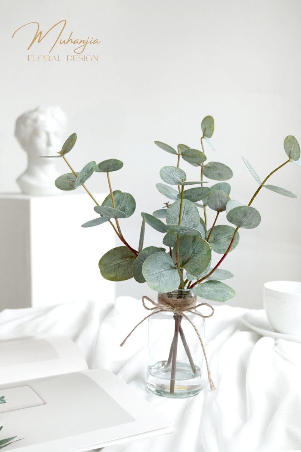 Artificial Eucalyptus Stems in Glass Vase with Faux Water,3Pcs Fake Plant with Double-Sided Green Leaves for Centerpiece(Double-Sided Green Eucalyptus)