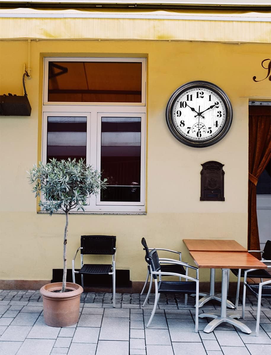 45MinST 12 Inch Indoor/Outdoor Retro Round Waterproof Wall Clock with Thermometer, Silent Non Ticking Battery Operated Quality Quartz Wall Clock Home/Patio Decor(Black Gold)
