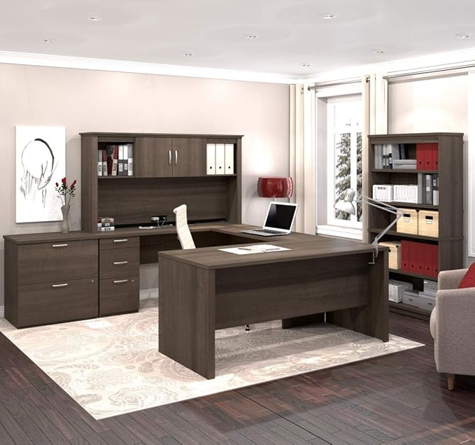 Bestar Logan 66W U-Shaped Desk with Hutch, Lateral File Cabinet, and Bookcase in Antigua