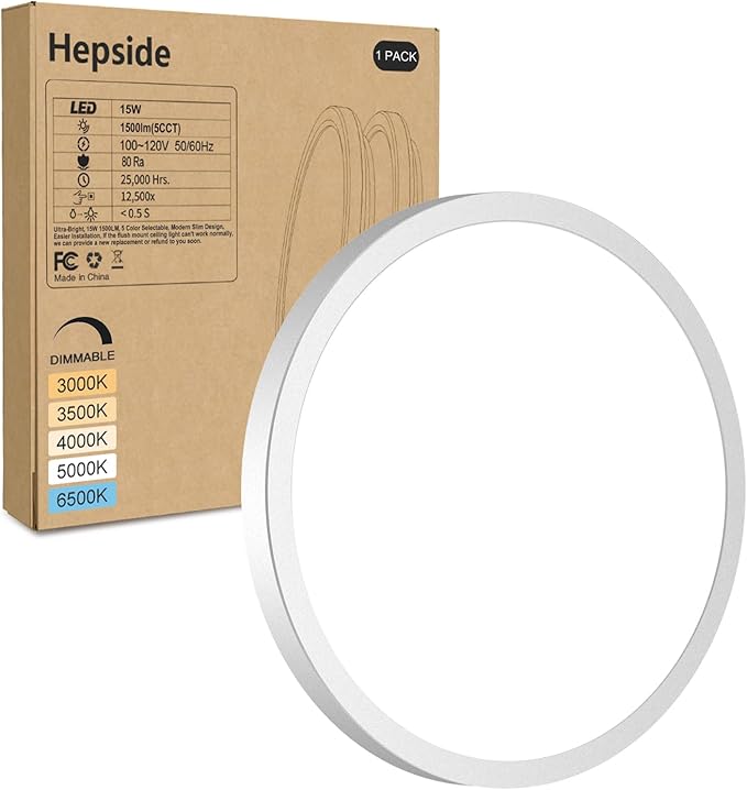 hepside LED Flush Mount Ceiling Light Fixture, 7Inch 15W, Dimmable&3000K/3500K/4000K/5000K/6500K Adjustable Low Profile Ceiling Lights, 1500LM Round Lamp for Bathroom, Closet, Kitchen, Hallway, White