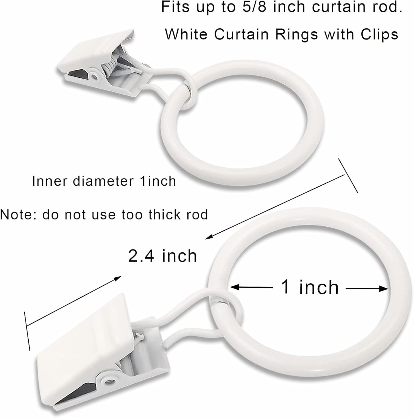 100 Pack Metal Curtain Rings with Clips, Drapery Clips with Rings, Drapes Rings 1 inch Inner Diameter, Fits Diameter 5/8 inch Curtain Rods, White