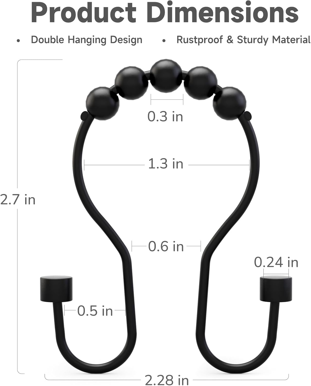 Shower Curtain Hooks, Shower Curtain Rings Rust Proof Double Hook Shower Curtain Hooks with Clindrical Design, 12 Pcs Black Shower Hooks for Shower Curtain, Metal Shower Rod Hooks