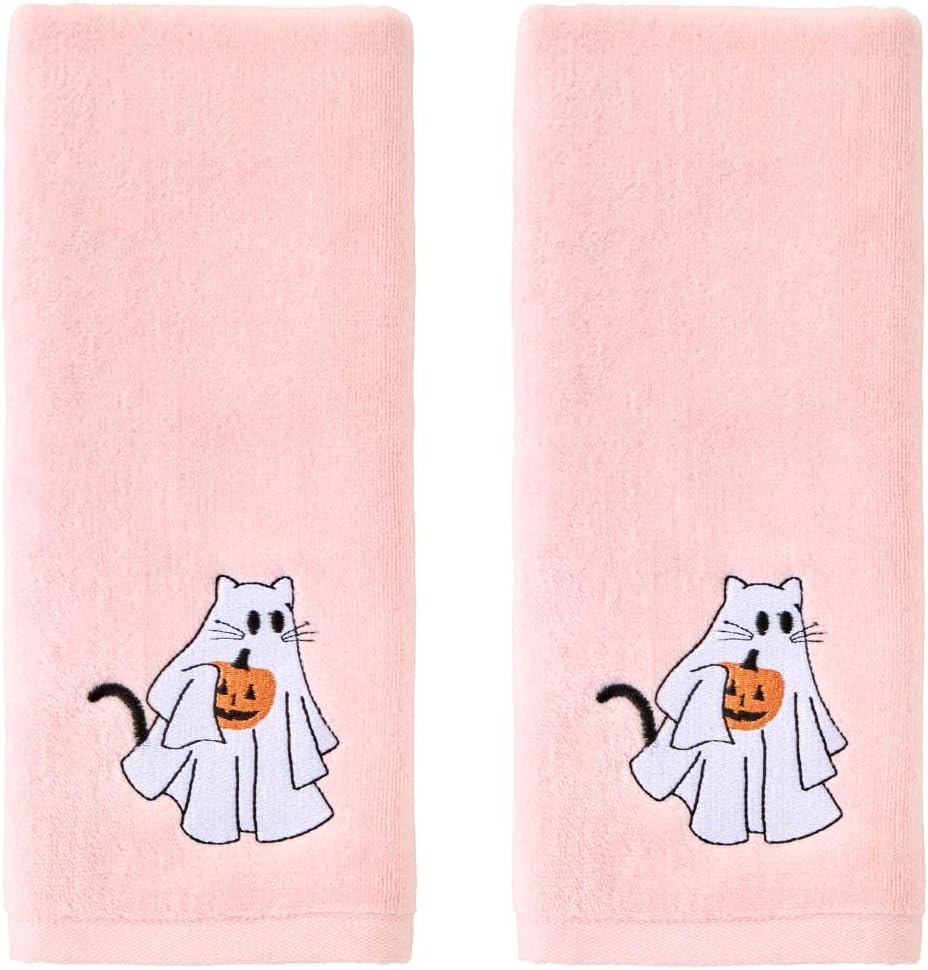 SKL Home Halloween Ghost Cat 100% Cotton Embroidered 2pc Hand Towel Set, Decorative for Bath/Kitchen/Bar & Gift, Pink