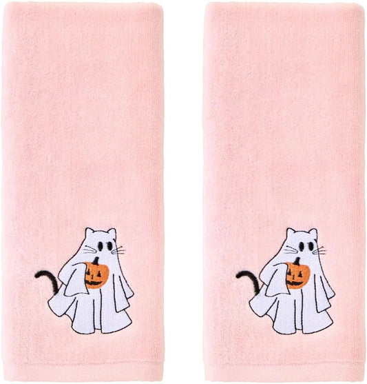 SKL Home Halloween Ghost Cat 100% Cotton Embroidered 2pc Hand Towel Set, Decorative for Bath/Kitchen/Bar & Gift, Pink
