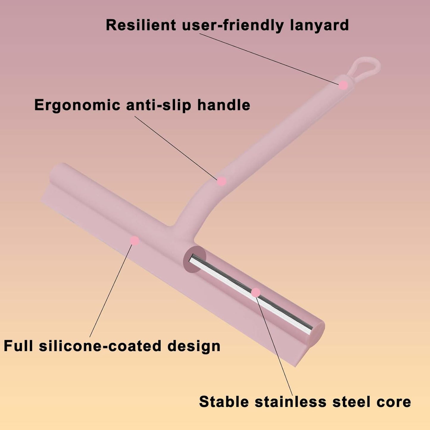 Squeegee for Shower Glass Doors, Resilient Loop - No-Drill & Adhesive Hook, Silicone Shower Squeegee with Stainless Steel Core, Cleaning Tool for Home, Kitchen, Bathroom & Car - Pink