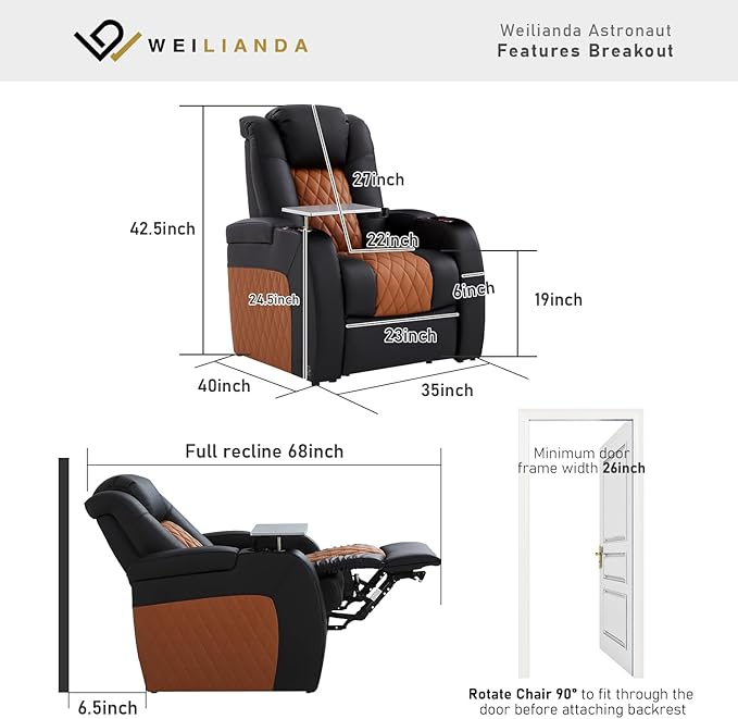 Home Theater Seating, Top Grain Leather Movie Seats Recliner Chair, Zero Gravity Reclining Gaming Sofa with Power Headrest 7 Colors Ambient Lighting Single Seat Black Camel