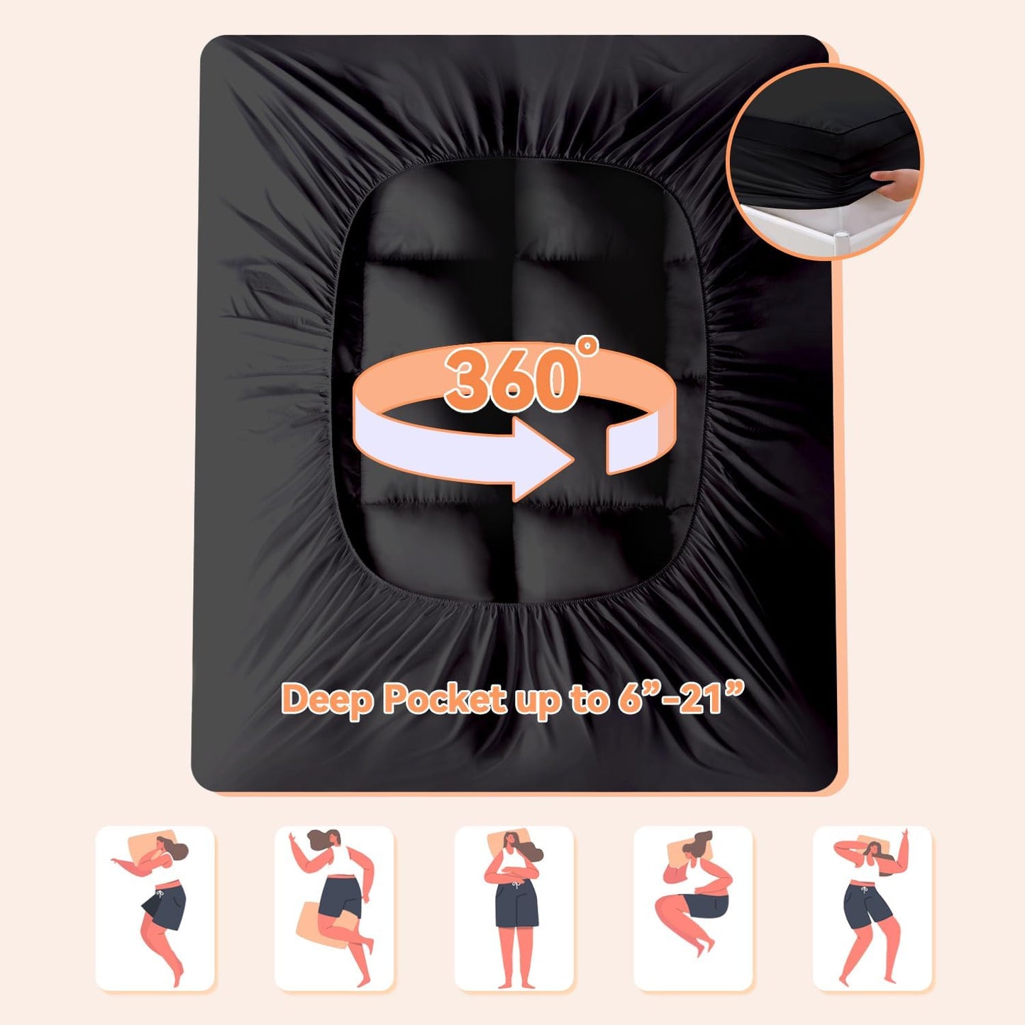 King Mattress Topper for Back Pain Relief, Extra Thick Pillow Top Plush Mattress Pad with Deep Pocket, Soft Pillowtop King Size Bed Toppers Filled Fluffy Down Alternative, Black