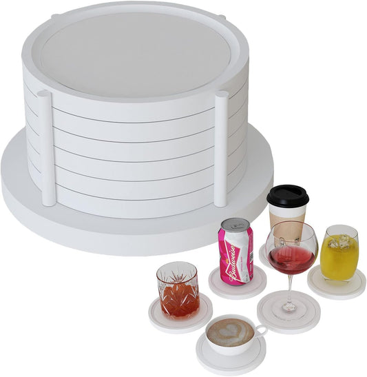 MinBoo Bamboo Coasters for Coffee Table Set of 6 Coasters for Drinks Absorbent with Holder Coffee Table Decor for Tabletop Protection Gifts for House Warming New Home & Wedding (White)