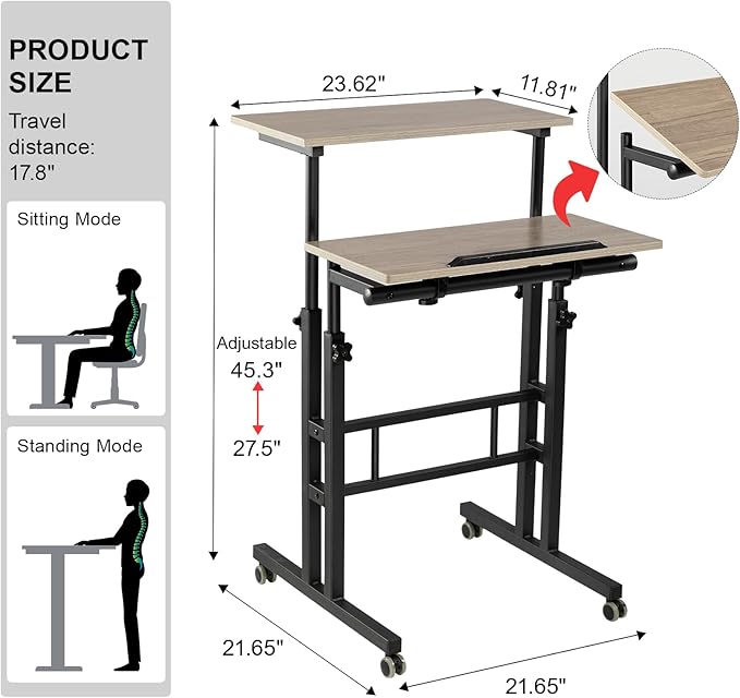 Hadulcet Mobile Standing Desk with Charging Station, Adjustable Standing Computer Desk, Standing Adjustable Laptop Cart with Wheels for Home Office Classroom Light Grey