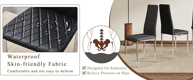 JT Modern Minimalist Dining Chair Fireproof Leather Sprayed Metal Pipe Diamond Grid Pattern Restaurant Home Conference Chair Set of 4 Or 6 (4, Black-Silver)