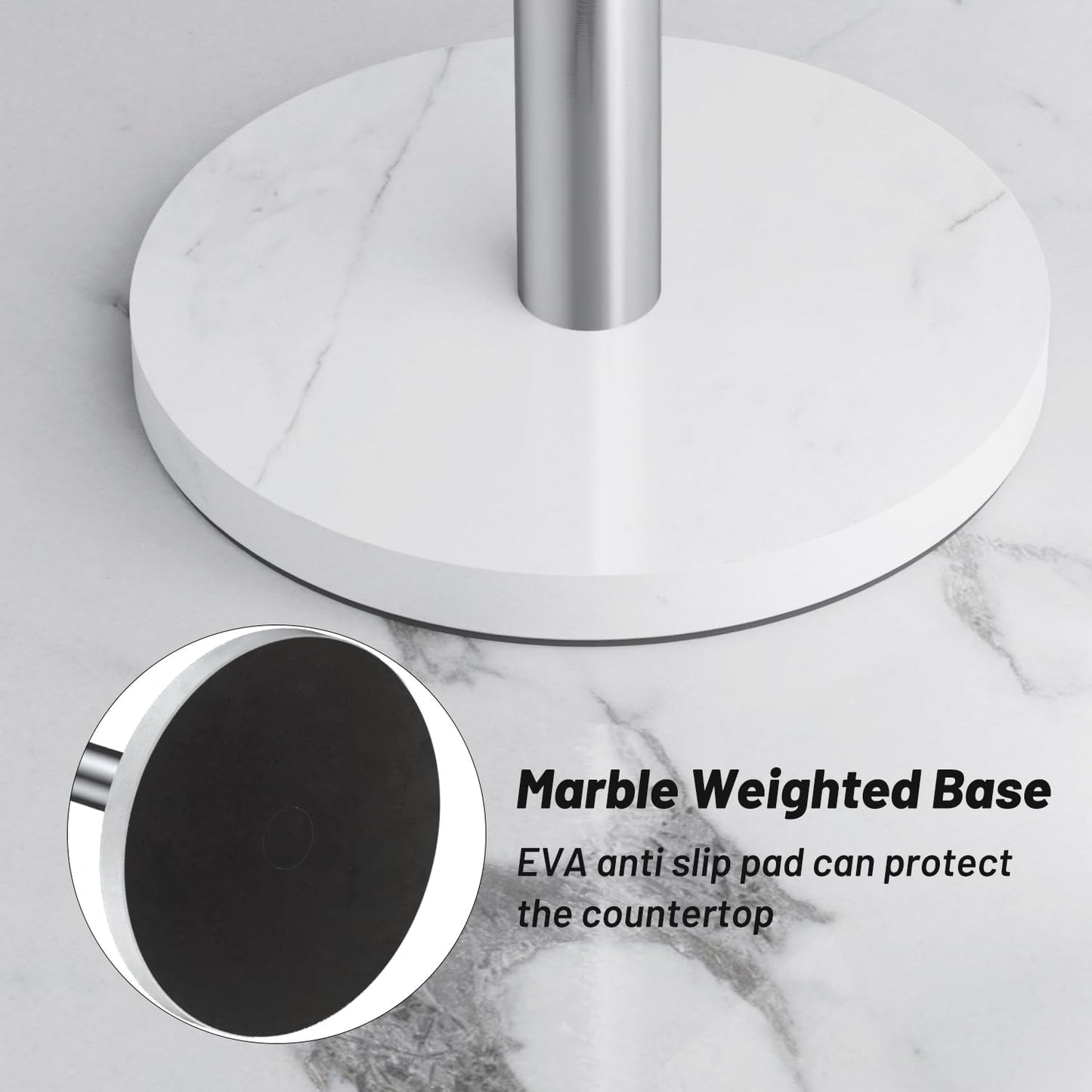 VEHHE Marble Paper Towel Holder for Kitchen Countertop, Standing Paper Towel Stand with Weighted Base & EVA Non-Slip Pad, for Bathroom or Kitchen (Silver)