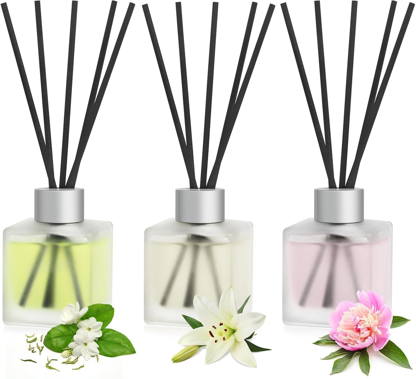 3-Pack Reed Diffuser, Jasmine White Tea/Lily/Peony Scented Oil, Flower Aroma Essential Oil with Diffuser Sticks, Long Lasting Bathroom Air Freshener, Home Fragrance for Room Decor