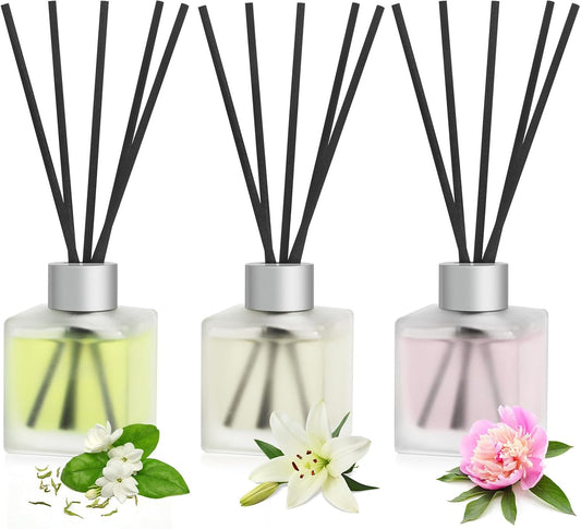 3-Pack Reed Diffuser, Jasmine White Tea/Lily/Peony Scented Oil, Flower Aroma Essential Oil with Diffuser Sticks, Long Lasting Bathroom Air Freshener, Home Fragrance for Room Decor