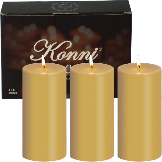 KONNI Mustard Yellow Pillar Candles Set of 3, 3"x 6" Unscented Pillar Candles Bulk, 56 Hours Long Burning Candles, Smokeless&Dripless Large Round Candle for Wedding, Home Decoration, Parties