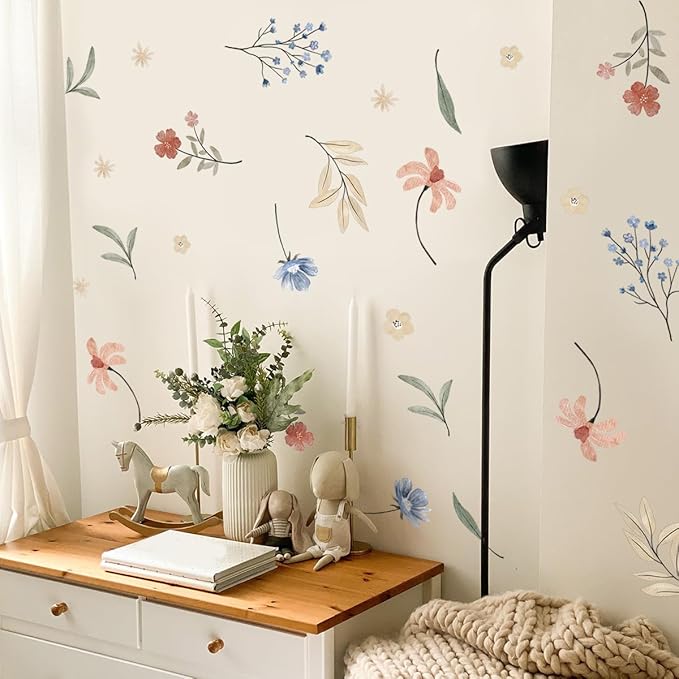 Boho Flower Wall Decals，Watercolor Flower Wall Art，Wildflower Wall Decals，Girls Bedroom Removable Wall Decals (Boho Colorful Flower Wall Decals)