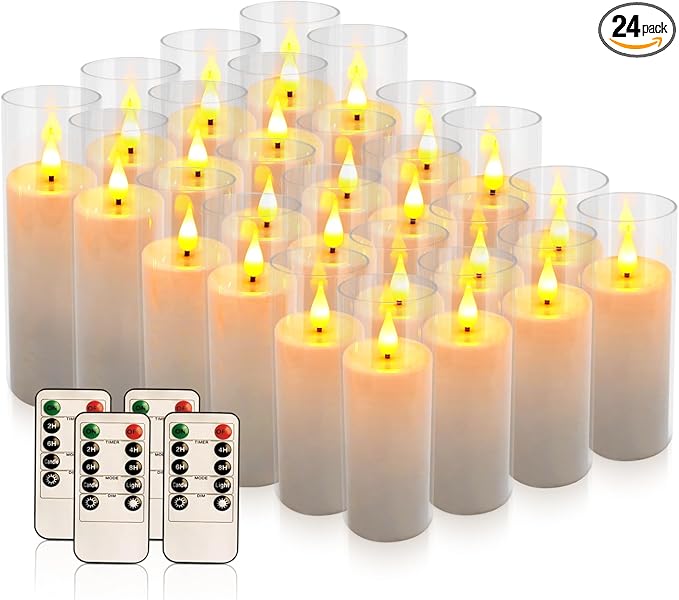 24-Pack Premium Flameless LED Candles - Elegant White & Clear Acrylic Pillar Design with Realistic Flickering Flame, Remote Control & Timer for Weddings, Christmas, Halloween & Home Decor