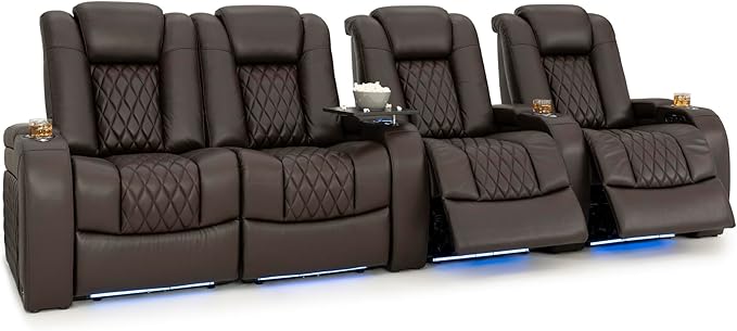 Seatcraft Diamante Zero-Gravity CoolZero Italian Leather Home Theater Seating, Power Headrest, Power Recline, Row of 4 Left Loveseat, Brown