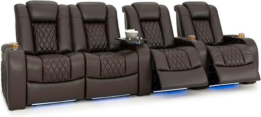 Seatcraft Diamante Zero-Gravity CoolZero Italian Leather Home Theater Seating, Power Headrest, Power Recline, Row of 4 Left Loveseat, Brown