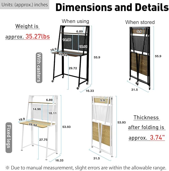 lumizone Folding Desk with Pegboard Collapsible for Small Space 29" Home Office Desk No Assembly Required, Sturdy & Space-Saving, Folding Table, Slim Desk with Storage (Brown-Black)