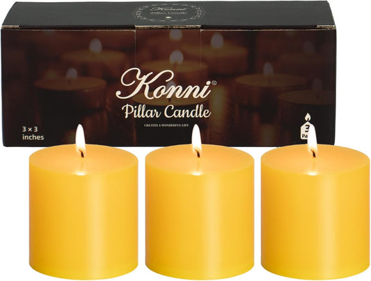 KONNI Yellow Pillar Candles Set of 3, 3"x 3" Unscented Pillar Candles Bulk, 30 Hours Long Burning Candles, Smokeless&Dripless Large Round Candle for Wedding, Home Decoration, Parties, Spas, Dinner