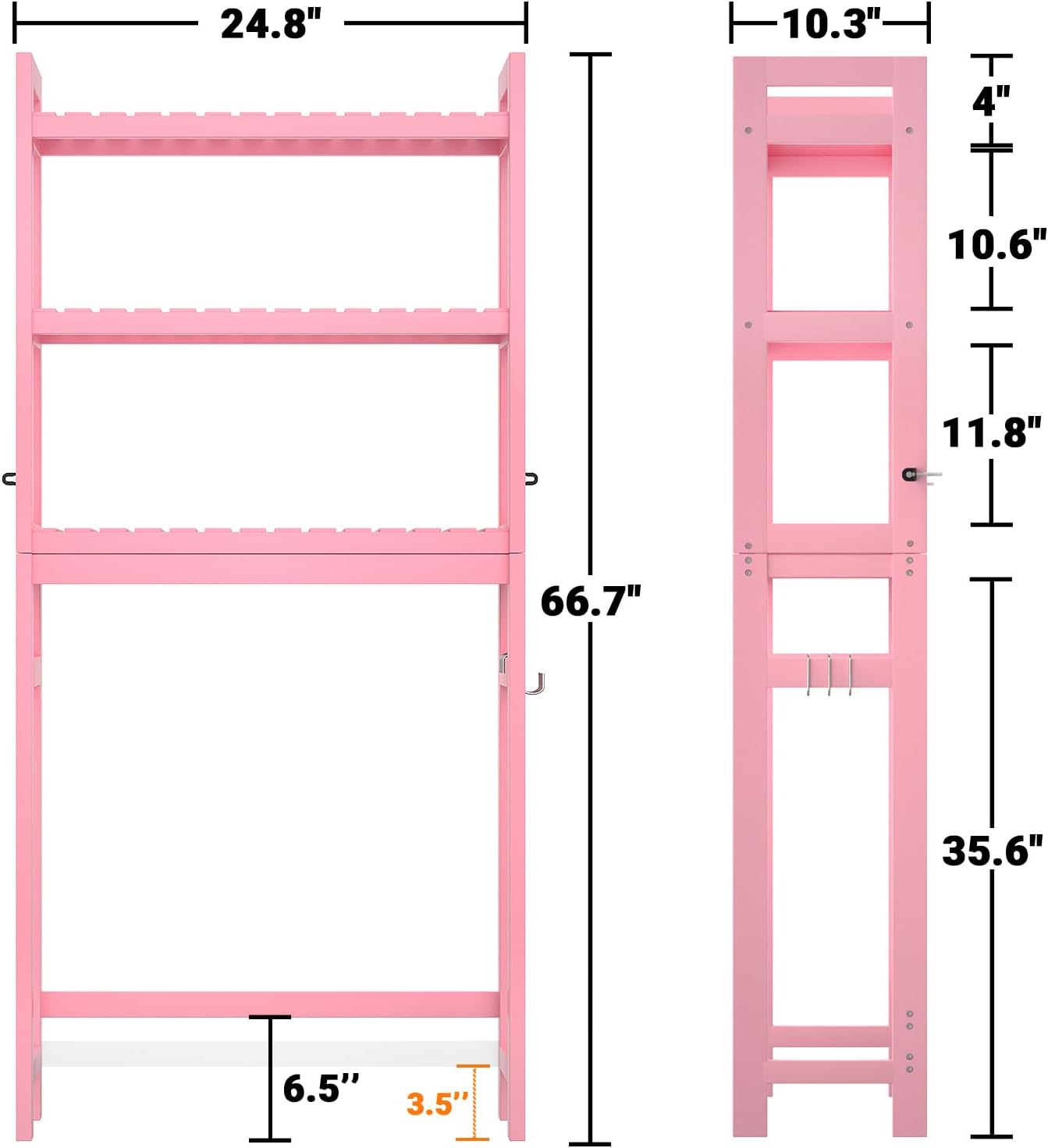 Homykic Bamboo Over The Toilet Storage Shelves, 3-Tier Above Toilet Storage Organizer Rack with 3 Hooks, Freestanding Bathroom Tower Shelf Unit for Small Space, No Rust, Easy to Assemble, Pink