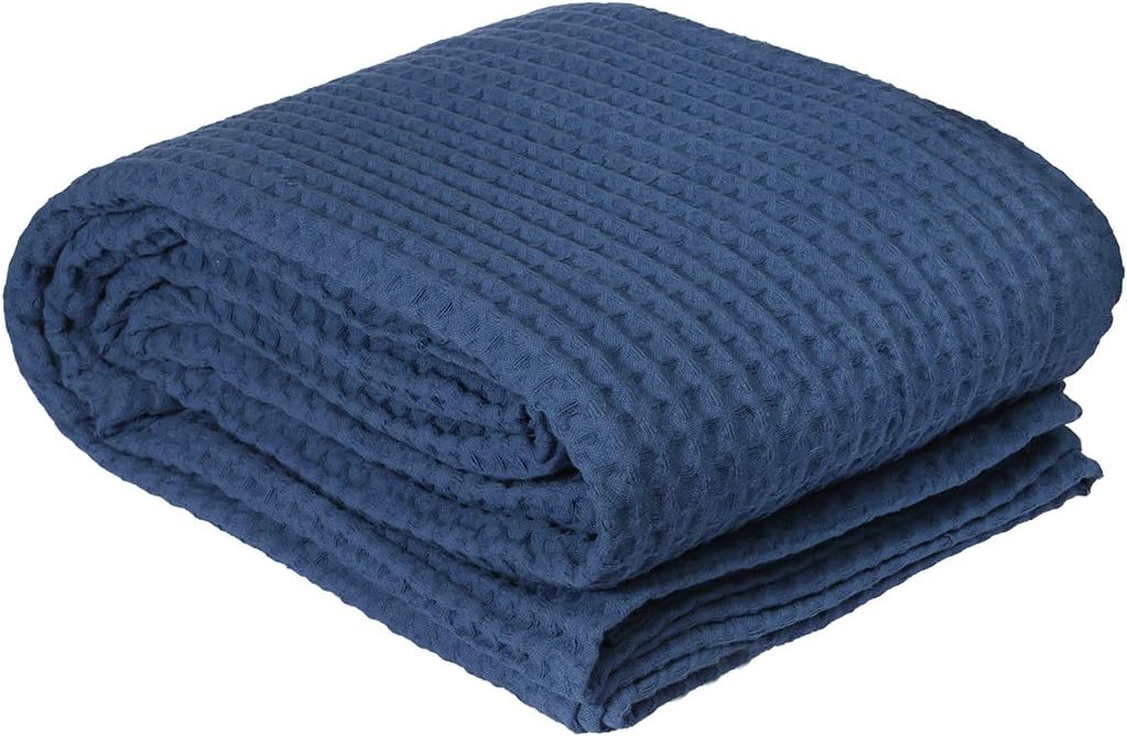 HILLFAIR 100% Combed Cotton Blanket–102x108 Inch California King Size Bed Blankets– Warm Soft All Season Breathable Blankets– Extra Large Oversized California King Blanket- Navy Blue Cotton Blankets