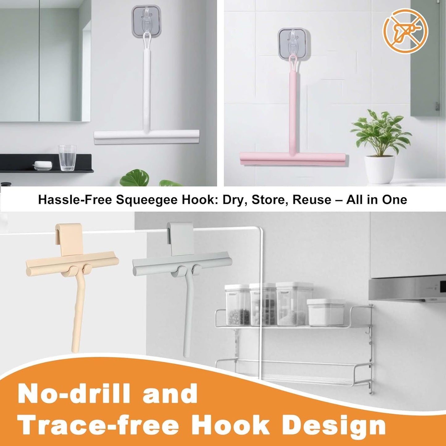 Squeegee for Shower Glass Doors, Resilient Loop - No-Drill & Adhesive Hook, Silicone Shower Squeegee with Stainless Steel Core, Cleaning Tool for Home, Kitchen, Bathroom & Car - Black