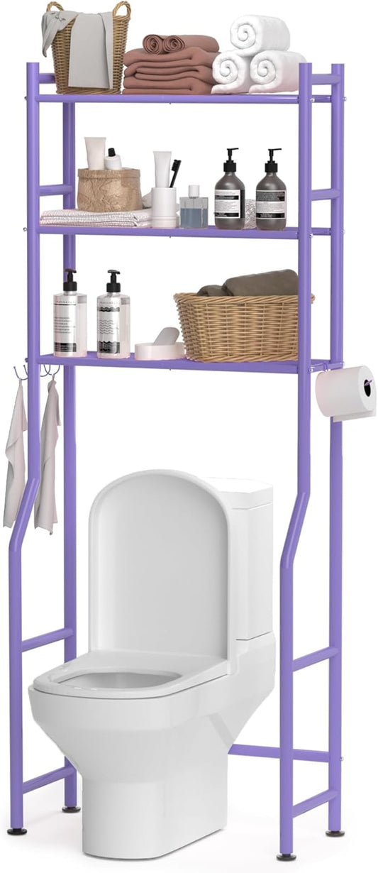 3-Tier Over The Toilet Storage, Space Saver Metal Bathroom Shelves, Freestanding Above Over Toilet Storage Shelf with 4 Hooks for Bathroom, Purple
