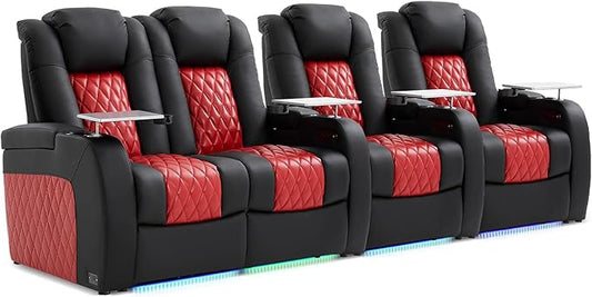 Home Theater Seating, Top Grain Leather Movie Seats Recliner Chair, Zero Gravity Reclining Gaming Sofa with Power Headrest 7 Colors Ambient Lighting 4 Seats Loveseat Left Black Dark Red