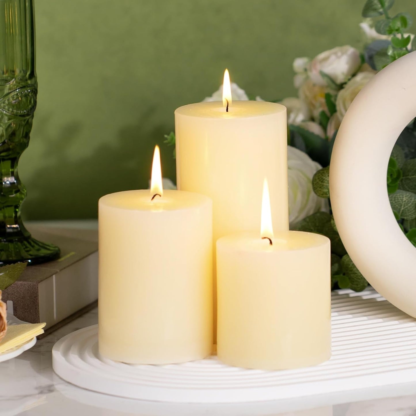 KONNI Ivory Pillar Candles Set of 3, 3"x 6" Unscented Pillar Candles Bulk, 56 Hours Long Burning Candles, Smokeless&Dripless Large Round Candle for Wedding, Home Decoration, Parties, Spas, Dinner