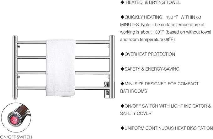 HEATGENE Towel Warmer 4 Bar Towel Dryer Wall-Mounted Plug-in Bath Towel Heater - Mirror Polish