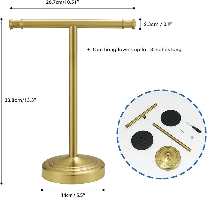 RUMOSE 13 Inch Brushed Gold Towel Stand Hand Towel Holder Bathroom Kitchen Vanity Countertop T-Shape Towel Rack Free Standing Stainless Steel Towel Bar Towel Ring